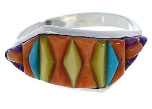 Southwest Multicolor Inlay Sterling Silver Ring Size 6-3/4 EX50509